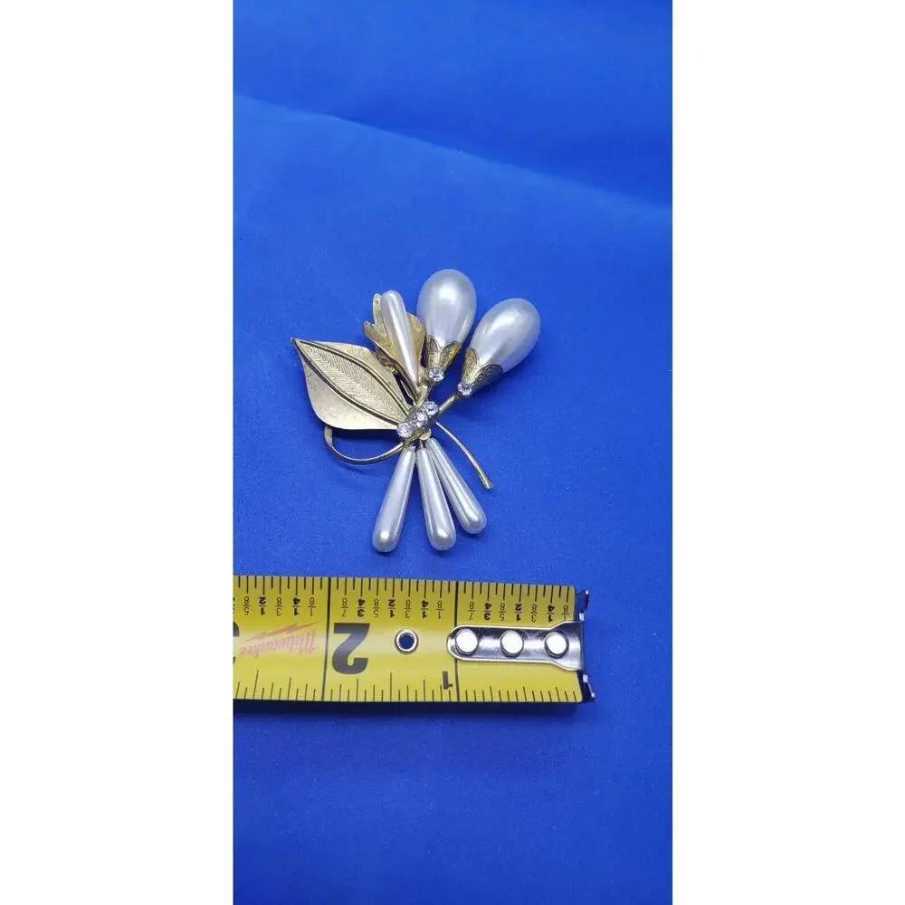 Antique Art Nouveau Brooch Big Faux Pearl & Calla Lily Flowers Gold leaves